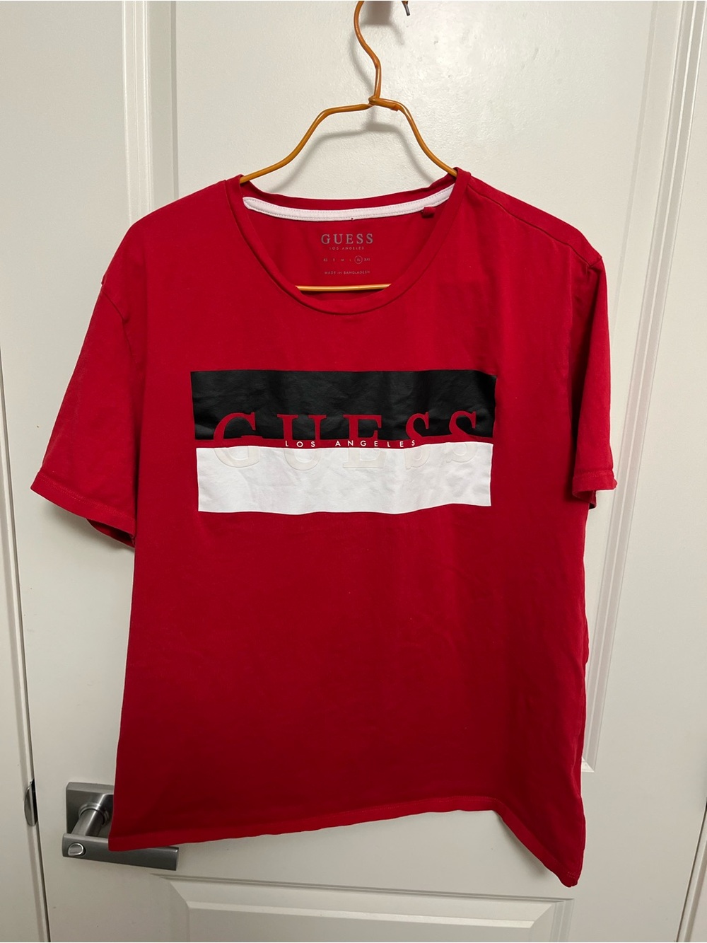 GUESS Men's Red Crewneck Tee with Black & White Logo Panels in size XL
